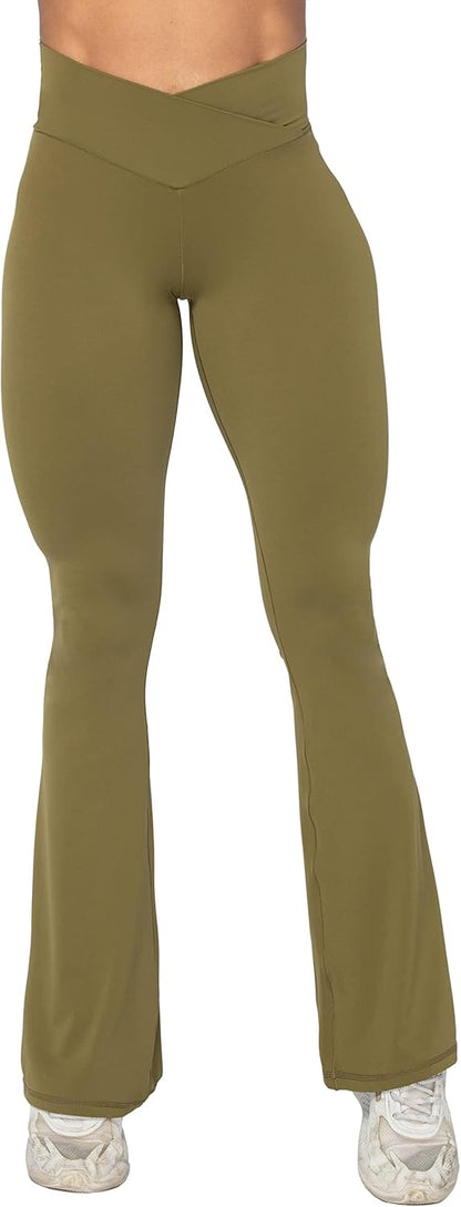 Flare Leggings, Crossover Yoga Pants with Tummy Control, High-Waisted and Wide Leg