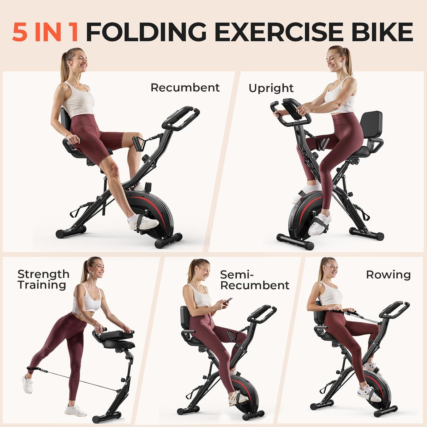 Folding Exercise Bike, 5 IN 1 Stationary Bikes for Home 6.6 LBS Flywheel, 330LB Weight Capacity Back Support Cushion Indoor Workout Cycling Bike for Home Gym