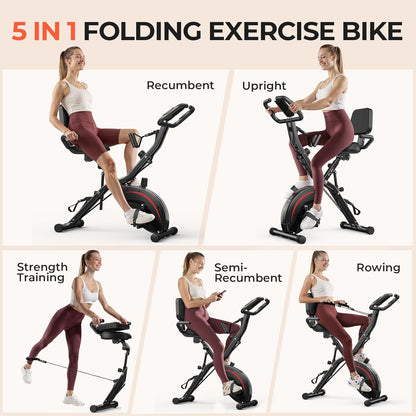 Folding Exercise Bike, 5 IN 1 Stationary Bikes for Home 6.6 LBS Flywheel, 330LB Weight Capacity Back Support Cushion Indoor Workout Cycling Bike for Home Gym