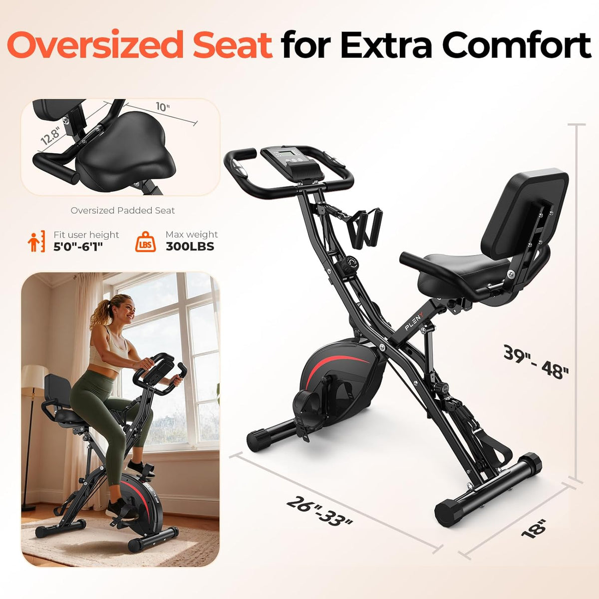 Folding Exercise Bike, 5 IN 1 Stationary Bikes for Home 6.6 LBS Flywheel, 330LB Weight Capacity Back Support Cushion Indoor Workout Cycling Bike for Home Gym