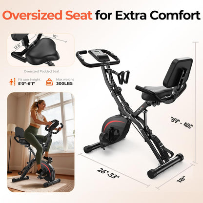 Folding Exercise Bike, 5 IN 1 Stationary Bikes for Home 6.6 LBS Flywheel, 330LB Weight Capacity Back Support Cushion Indoor Workout Cycling Bike for Home Gym