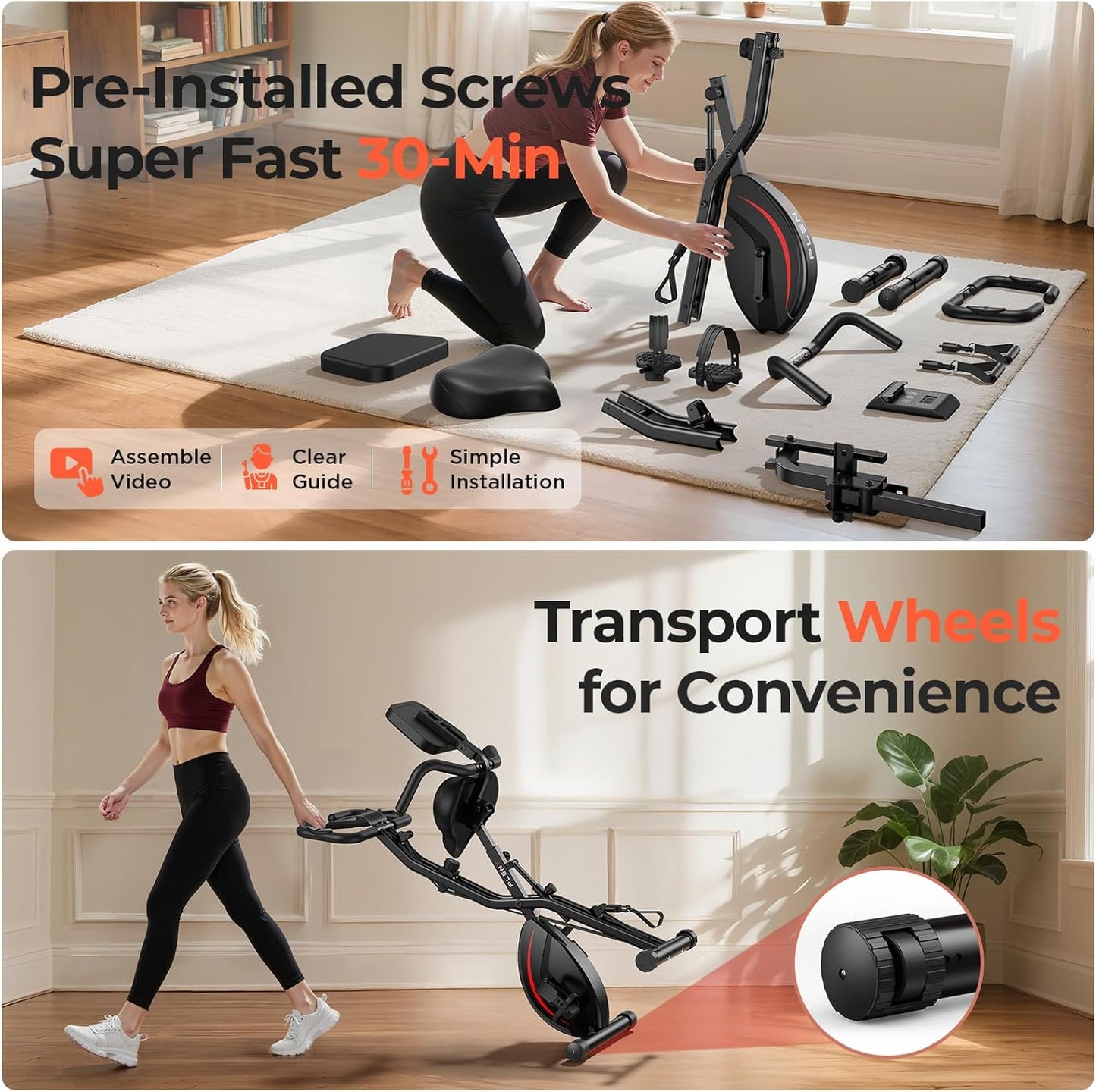 Folding Exercise Bike, 5 IN 1 Stationary Bikes for Home 6.6 LBS Flywheel, 330LB Weight Capacity Back Support Cushion Indoor Workout Cycling Bike for Home Gym