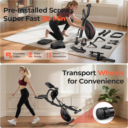Folding Exercise Bike, 5 IN 1 Stationary Bikes for Home 6.6 LBS Flywheel, 330LB Weight Capacity Back Support Cushion Indoor Workout Cycling Bike for Home Gym