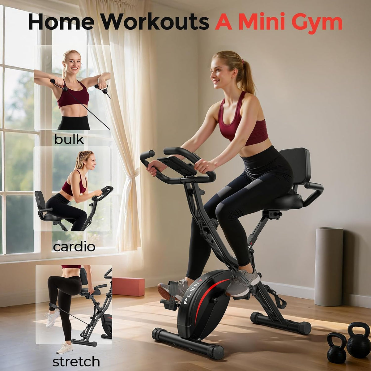 Folding Exercise Bike, 5 IN 1 Stationary Bikes for Home 6.6 LBS Flywheel, 330LB Weight Capacity Back Support Cushion Indoor Workout Cycling Bike for Home Gym