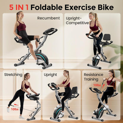 Folding Exercise Bike, 5 IN 1 Stationary Bikes for Home 6.6 LBS Flywheel, 330LB Weight Capacity Back Support Cushion Indoor Workout Cycling Bike for Home Gym