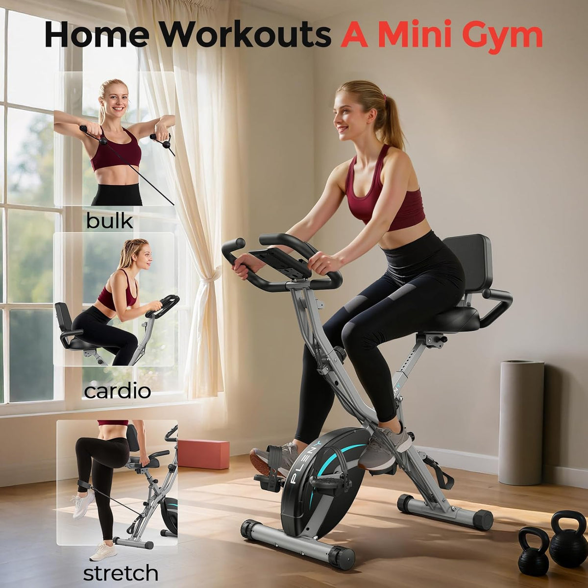 Folding Exercise Bike, 5 IN 1 Stationary Bikes for Home 6.6 LBS Flywheel, 330LB Weight Capacity Back Support Cushion Indoor Workout Cycling Bike for Home Gym