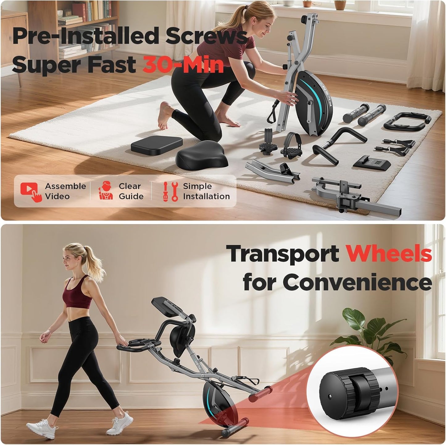 Folding Exercise Bike, 5 IN 1 Stationary Bikes for Home 6.6 LBS Flywheel, 330LB Weight Capacity Back Support Cushion Indoor Workout Cycling Bike for Home Gym