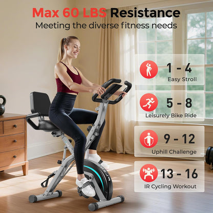 Folding Exercise Bike, 5 IN 1 Stationary Bikes for Home 6.6 LBS Flywheel, 330LB Weight Capacity Back Support Cushion Indoor Workout Cycling Bike for Home Gym