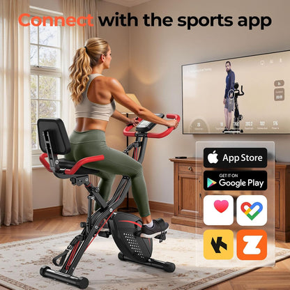 Folding Exercise Bike, 5 IN 1 Stationary Bikes for Home 6.6 LBS Flywheel, 330LB Weight Capacity Back Support Cushion Indoor Workout Cycling Bike for Home Gym