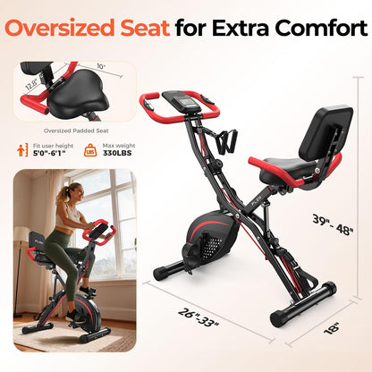 Folding Exercise Bike, 5 IN 1 Stationary Bikes for Home 6.6 LBS Flywheel, 330LB Weight Capacity Back Support Cushion Indoor Workout Cycling Bike for Home Gym