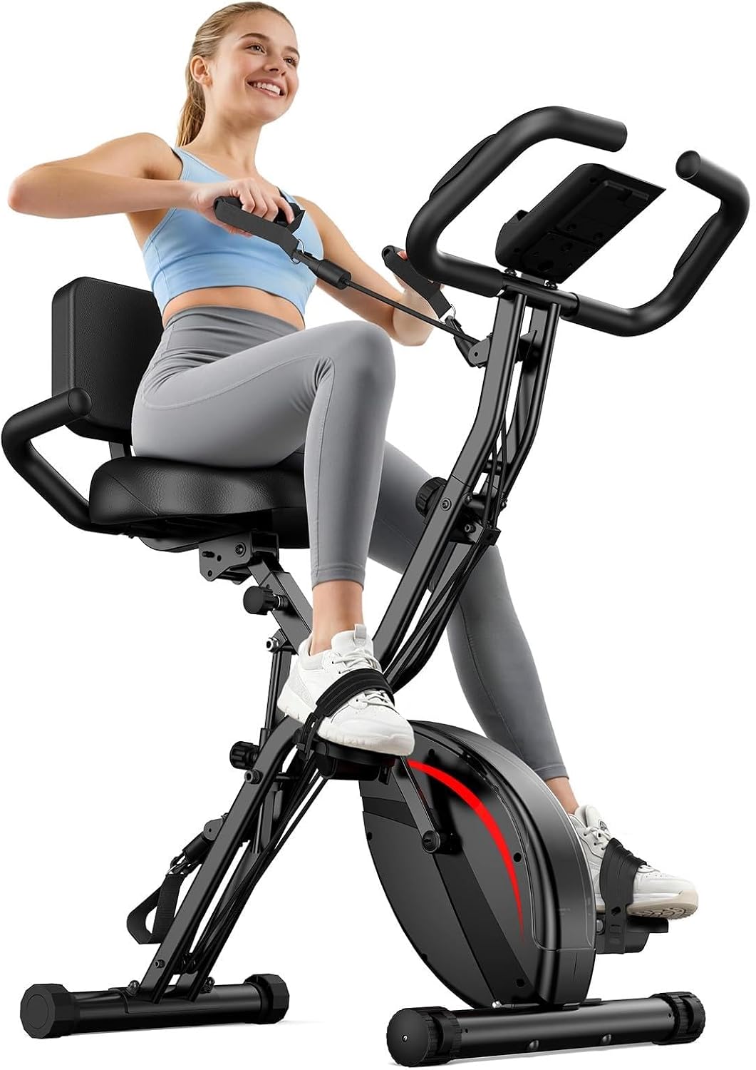 Folding Exercise Bike, 5 IN 1 Stationary Bikes for Home 6.6 LBS Flywheel, 330LB Weight Capacity Back Support Cushion Indoor Workout Cycling Bike for Home Gym