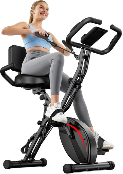 Folding Exercise Bike, 5 IN 1 Stationary Bikes for Home 6.6 LBS Flywheel, 330LB Weight Capacity Back Support Cushion Indoor Workout Cycling Bike for Home Gym