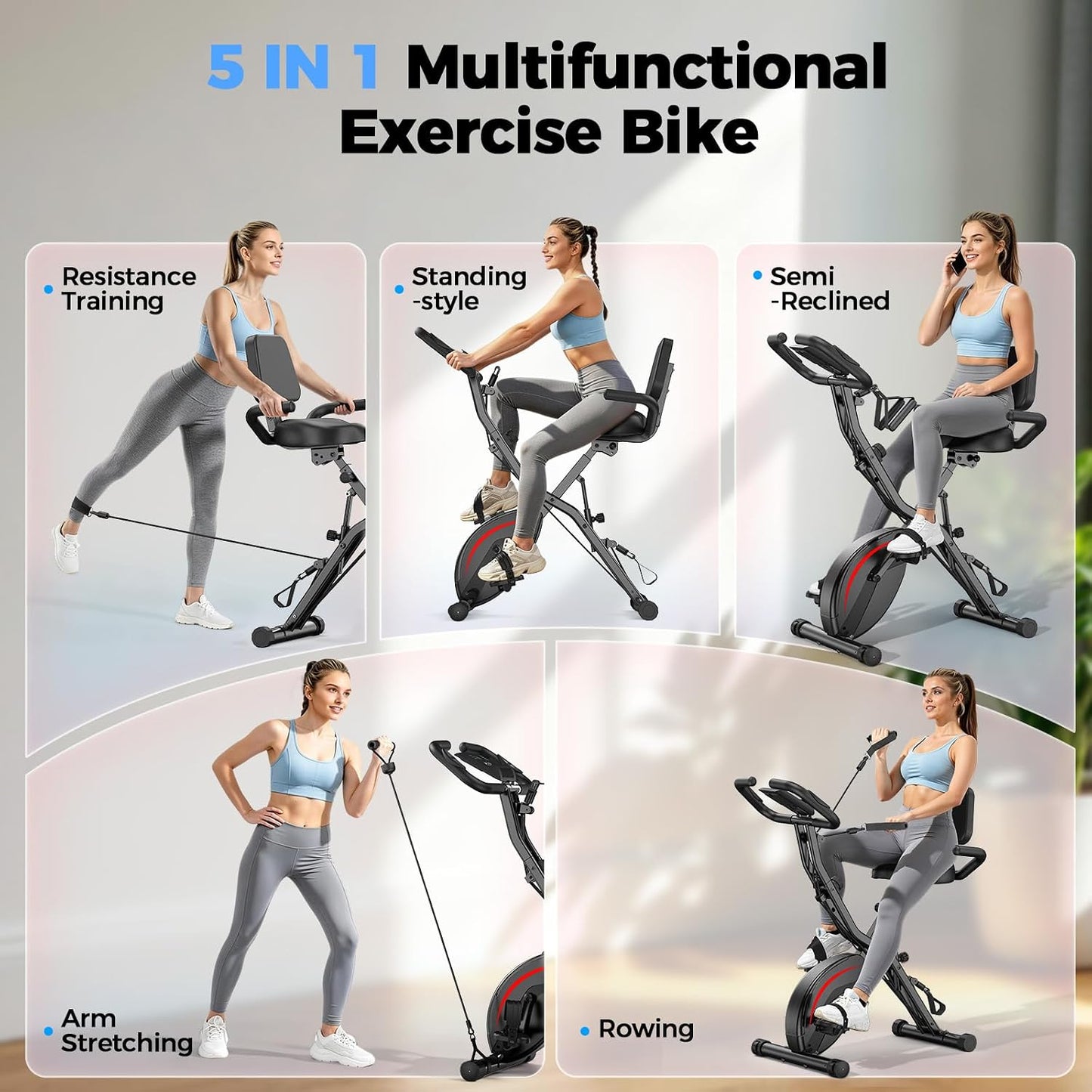 Folding Exercise Bike, 5 IN 1 Stationary Bikes for Home 6.6 LBS Flywheel, 330LB Weight Capacity Back Support Cushion Indoor Workout Cycling Bike for Home Gym