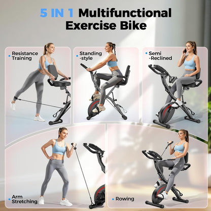 Folding Exercise Bike, 5 IN 1 Stationary Bikes for Home 6.6 LBS Flywheel, 330LB Weight Capacity Back Support Cushion Indoor Workout Cycling Bike for Home Gym