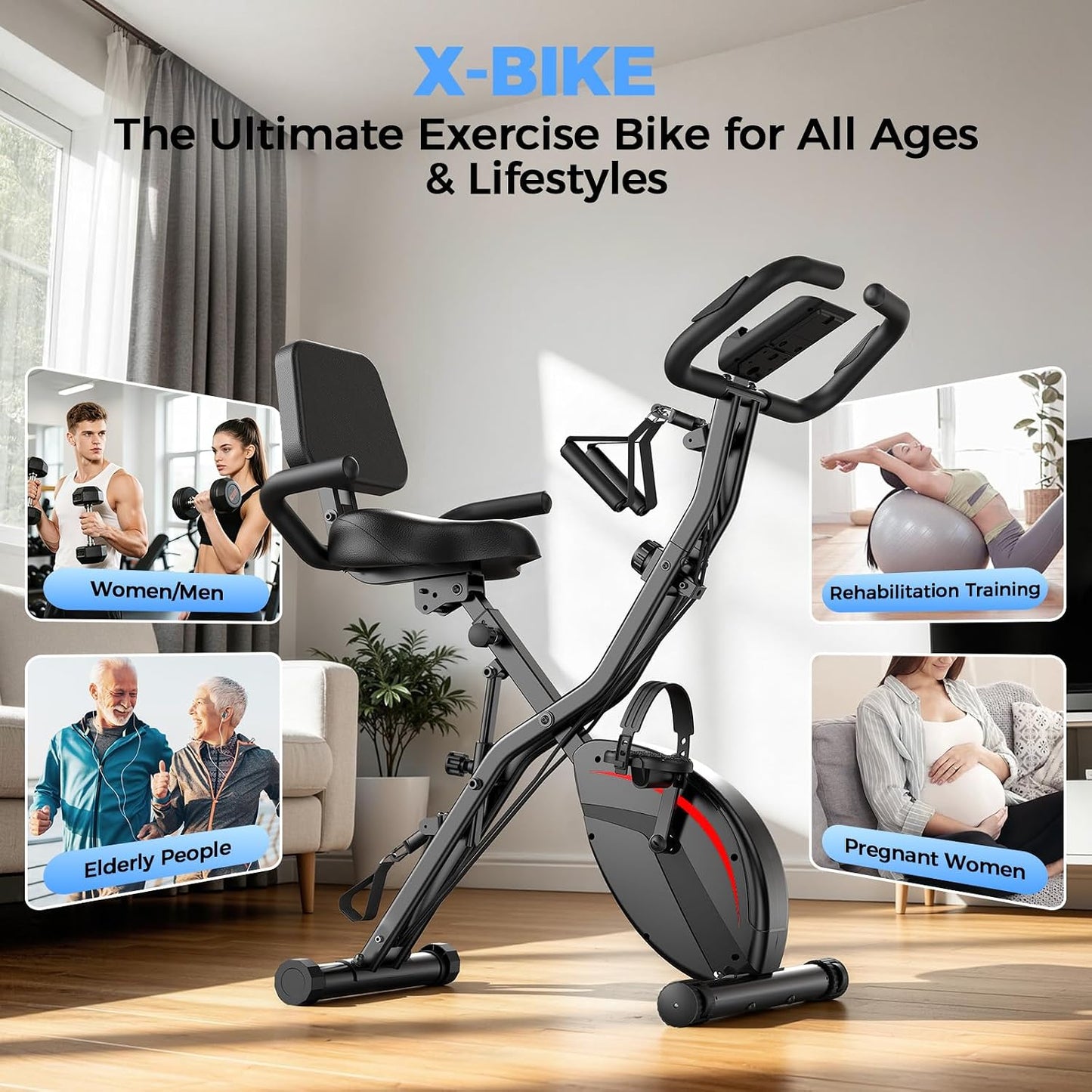 Folding Exercise Bike, 5 IN 1 Stationary Bikes for Home 6.6 LBS Flywheel, 330LB Weight Capacity Back Support Cushion Indoor Workout Cycling Bike for Home Gym