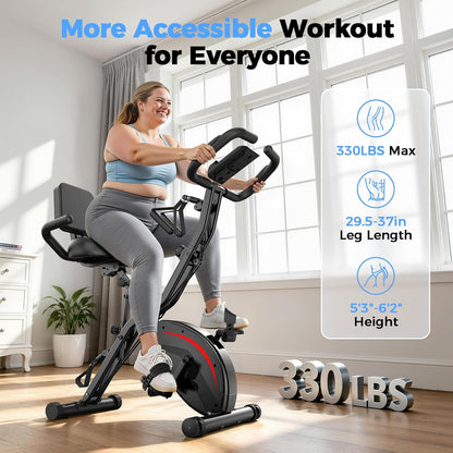 Folding Exercise Bike, 5 IN 1 Stationary Bikes for Home 6.6 LBS Flywheel, 330LB Weight Capacity Back Support Cushion Indoor Workout Cycling Bike for Home Gym