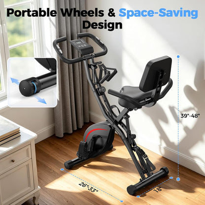 Folding Exercise Bike, 5 IN 1 Stationary Bikes for Home 6.6 LBS Flywheel, 330LB Weight Capacity Back Support Cushion Indoor Workout Cycling Bike for Home Gym