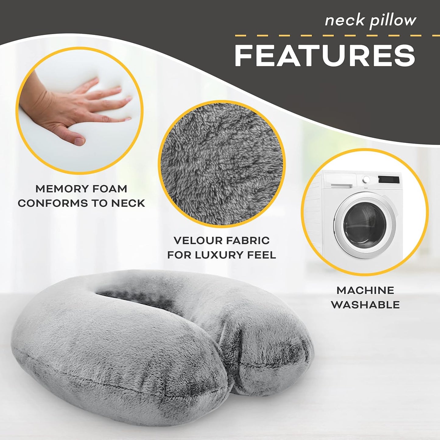 Travel Neck Pillow Washable Cover Comfortable Memory Foam Airplane Travel Accessories Essentials Plane Neck Support Pillow for Neck Pain Relief and Sleeping Grey