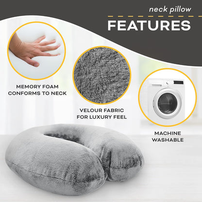Travel Neck Pillow Washable Cover Comfortable Memory Foam Airplane Travel Accessories Essentials Plane Neck Support Pillow for Neck Pain Relief and Sleeping Grey