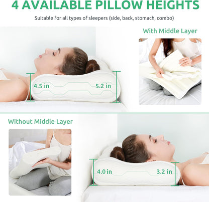 Cervical Pillow for Neck Pain Relief, Memory Foam Neck Pillow for Sleeping, Adjustable Orthopedic Sandwich Pillow, Contour Cooling for Side Back Stomach Sleeper, Queen(23.6"×13.8"×5.2"/4.5")
