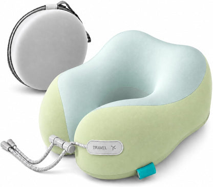 Travel Neck Pillow for Airplane, 50D Memory Foam, Cooling Ice Silk Cover, U-Shape, Adjustable Buckle, Washable Cover with Carry Case (Green/Lime)