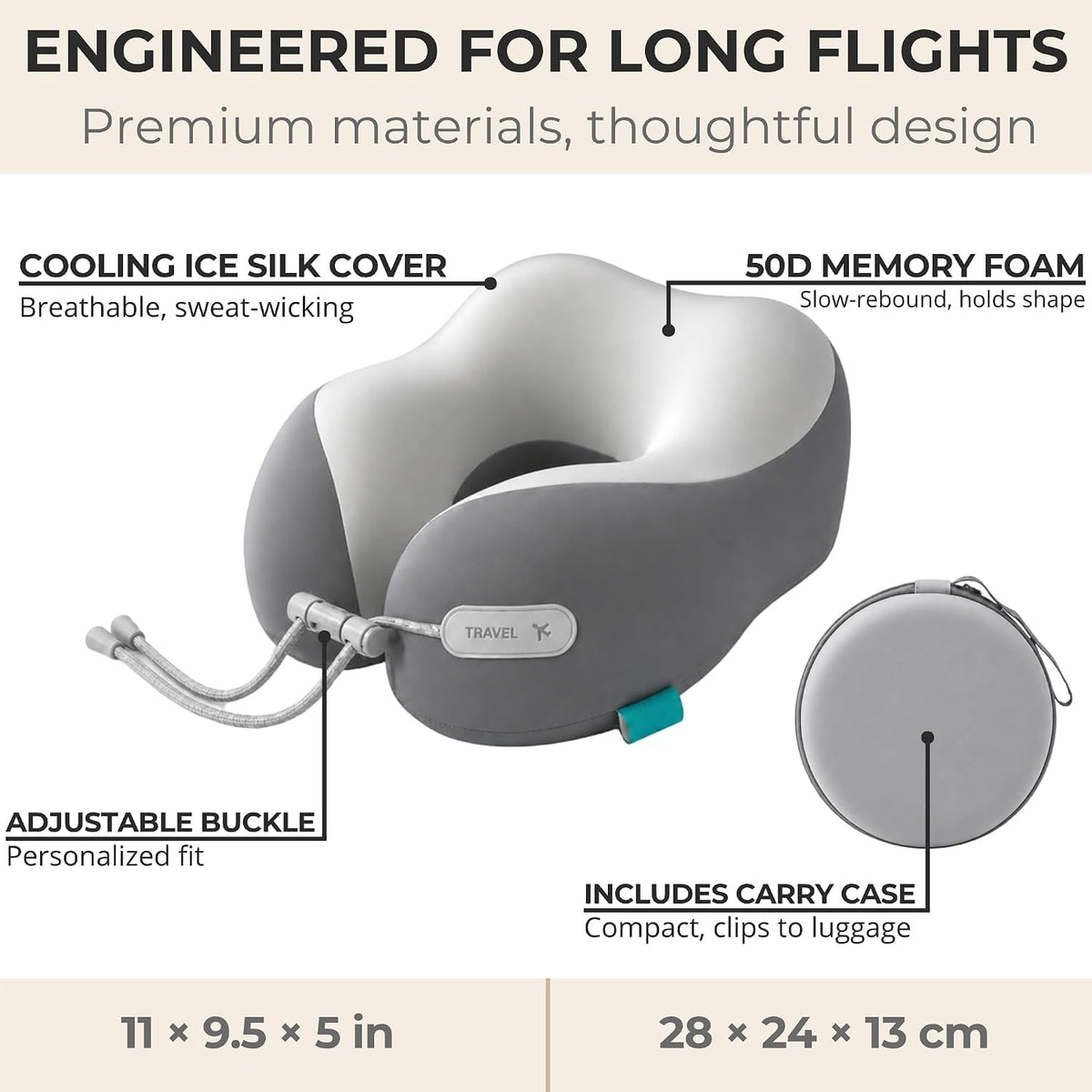Travel Neck Pillow for Airplane, 50D Memory Foam, Cooling Ice Silk Cover, U-Shape, Adjustable Buckle, Washable Cover with Carry Case (Green/Lime)