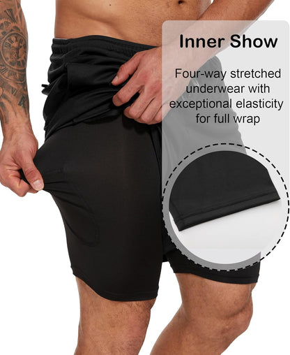 4 Pack Mens 2 in 1 Running Workout Shorts with Liner, Gym Athletic Quick Dry Sport Shorts with Pockets