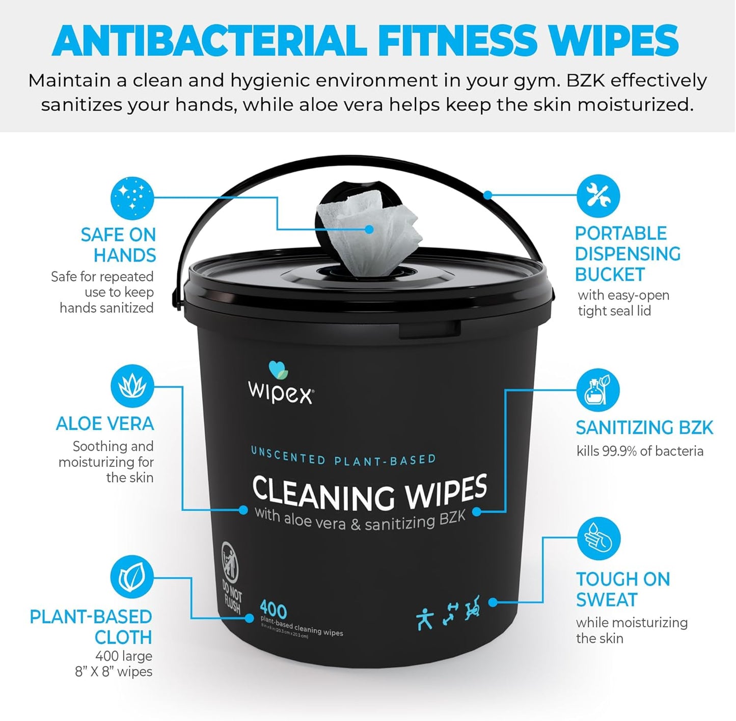 Gym & Fitness Cleaning Wipes, 400ct Dispensing Bucket with Sanitizing BZK for Hands, Great for Gym, Studios and Fitness Centers 400 Count (Pack of 1)