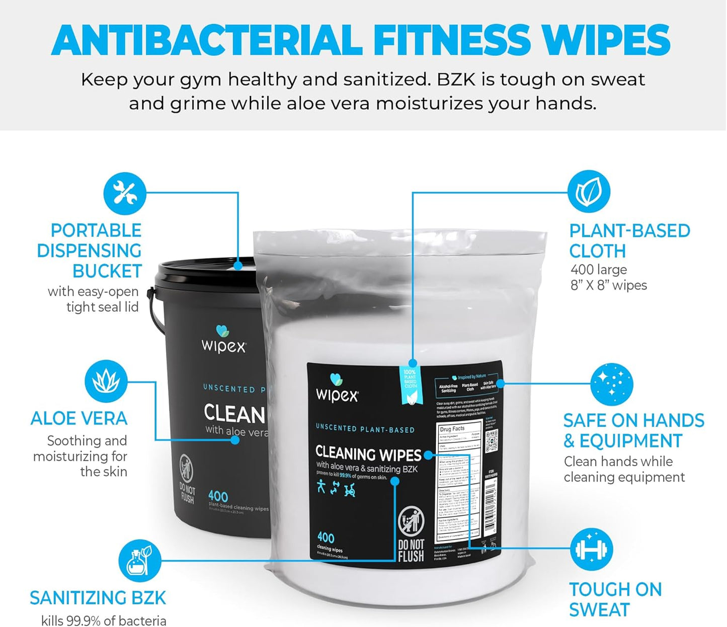 Gym & Fitness Cleaning Wipes, 400ct Dispensing Bucket with Sanitizing BZK for Hands, Great for Gym, Studios and Fitness Centers 400 Count (Pack of 1)