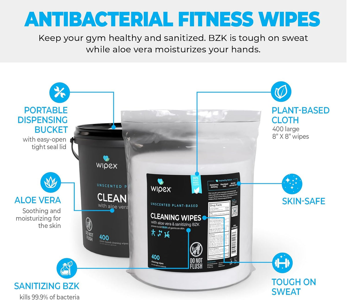 Gym & Fitness Cleaning Wipes, 400ct Dispensing Bucket with Sanitizing BZK for Hands, Great for Gym, Studios and Fitness Centers 400 Count (Pack of 1)