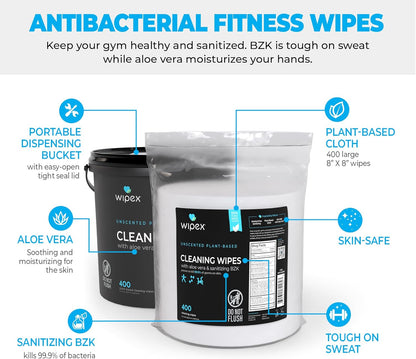 Gym & Fitness Cleaning Wipes, 400ct Dispensing Bucket with Sanitizing BZK for Hands, Great for Gym, Studios and Fitness Centers 400 Count (Pack of 1)