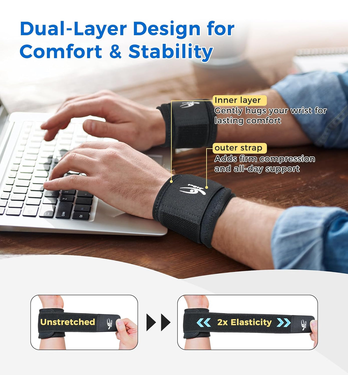 2 Pack Wrist Compression Straps – Dual‑Layer Wrist Brace for Pain Relief & Support, Tendonitis, Carpal Tunnel, Arthritis – Adjustable Wrist Wraps for Fitness, Workouts & Everyday Use (Black)