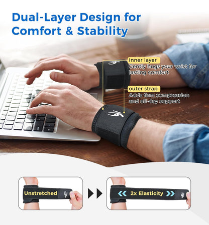 2 Pack Wrist Compression Straps – Dual‑Layer Wrist Brace for Pain Relief & Support, Tendonitis, Carpal Tunnel, Arthritis – Adjustable Wrist Wraps for Fitness, Workouts & Everyday Use (Black)