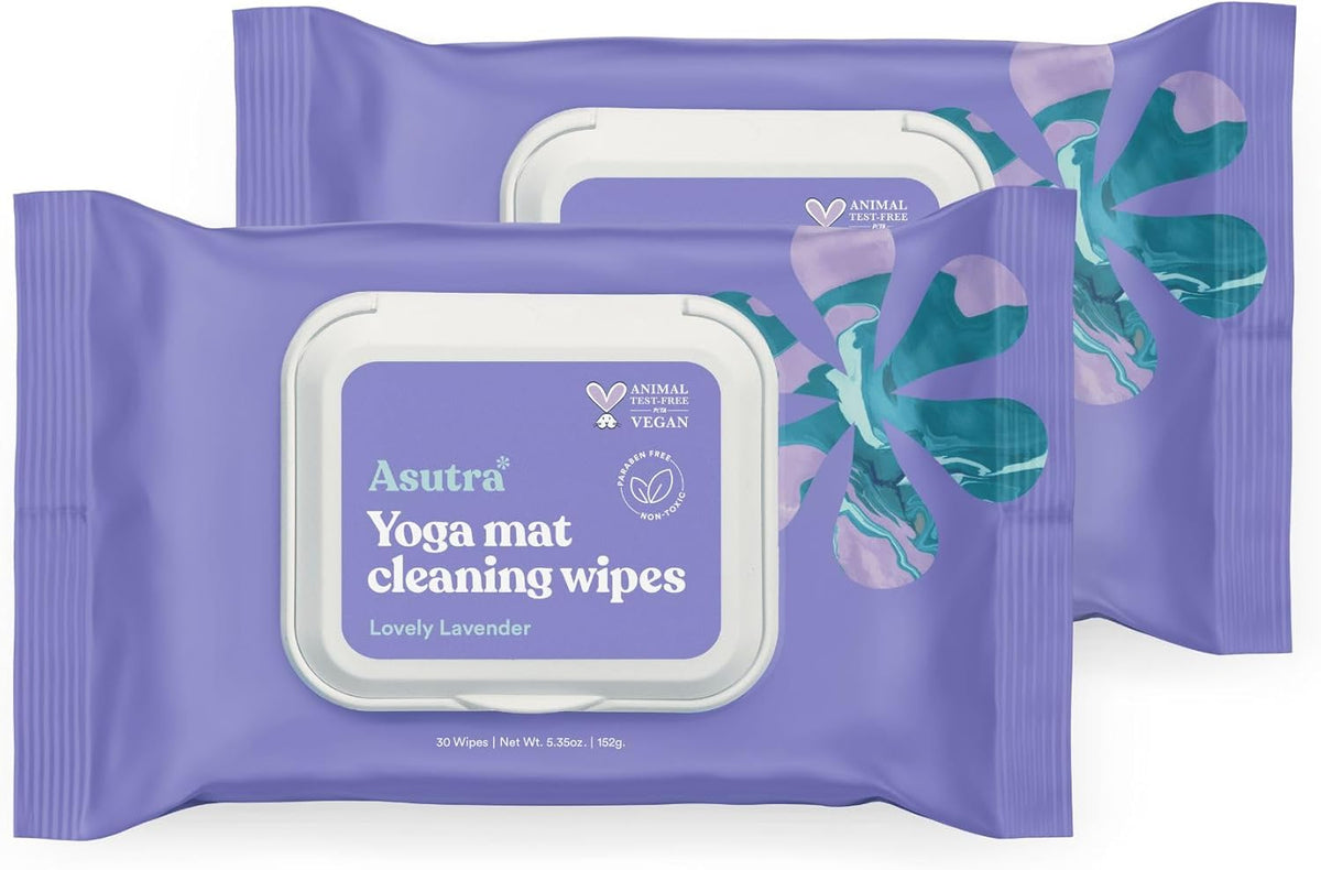 ASUTRA Yoga Mat Cleaning Wipes (Lovely Lavender), 1 Pouch (30 Wipes) - No Slippery Residue, Deep-Cleansing for Fitness Gear & Gym Equipment