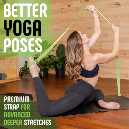 Yoga Strap, Friction-Less Easy-Feed Buckle, Super Soft Cotton/Polyester Blend Webbing, Free eGuide. (8 Feet)
