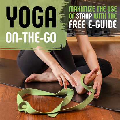 Yoga Strap, Friction-Less Easy-Feed Buckle, Super Soft Cotton/Polyester Blend Webbing, Free eGuide. (8 Feet)