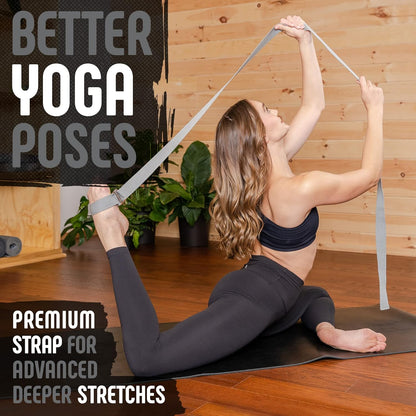 Yoga Strap, Friction-Less Easy-Feed Buckle, Super Soft Cotton/Polyester Blend Webbing, Free eGuide. (8 Feet)