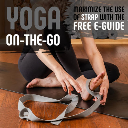 Yoga Strap, Friction-Less Easy-Feed Buckle, Super Soft Cotton/Polyester Blend Webbing, Free eGuide. (8 Feet)