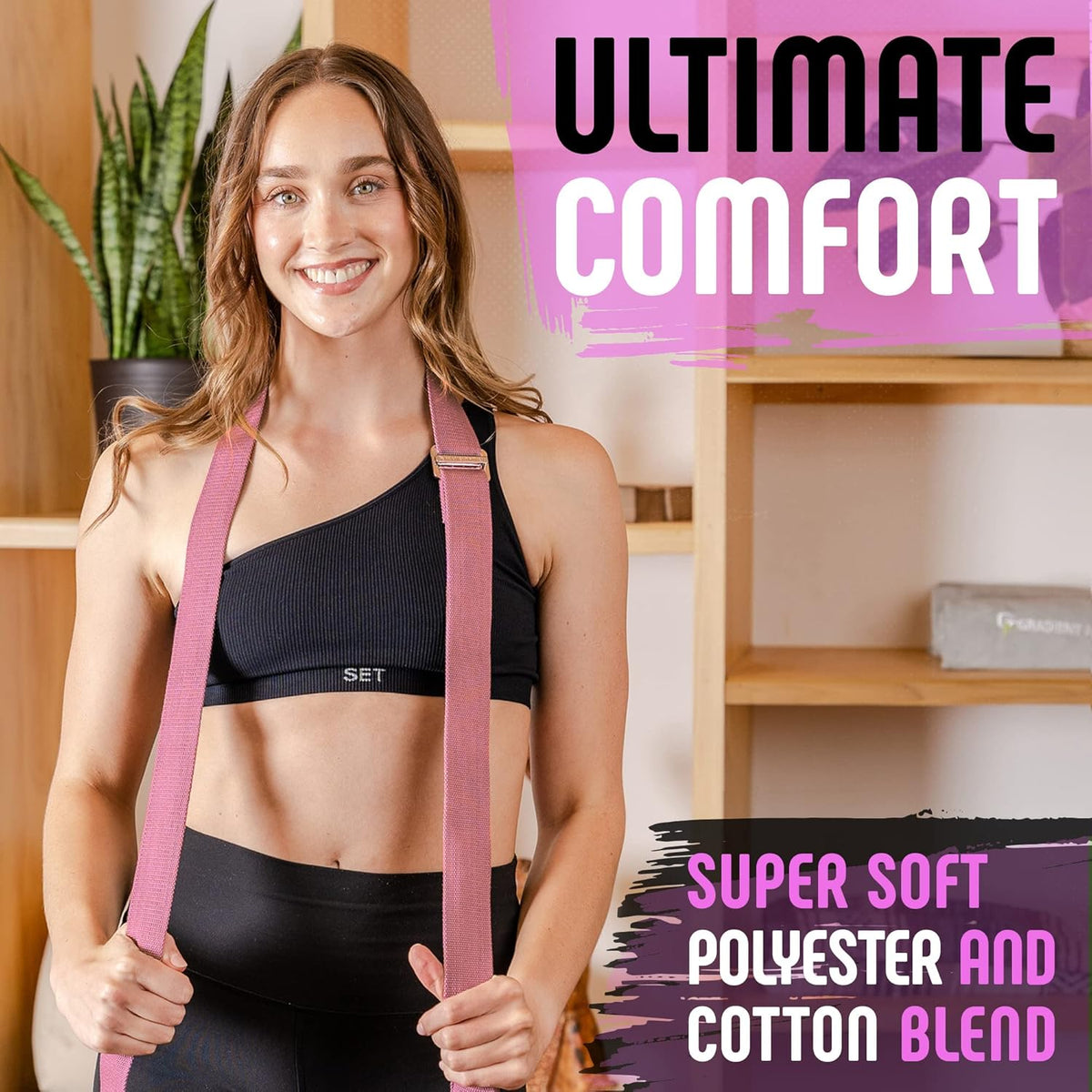 Yoga Strap, Friction-Less Easy-Feed Buckle, Super Soft Cotton/Polyester Blend Webbing, Free eGuide. (8 Feet)