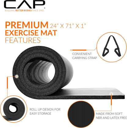 Barbell 1-Inch High Density Exercise Yoga Mat with Strap | Multiple Colors
