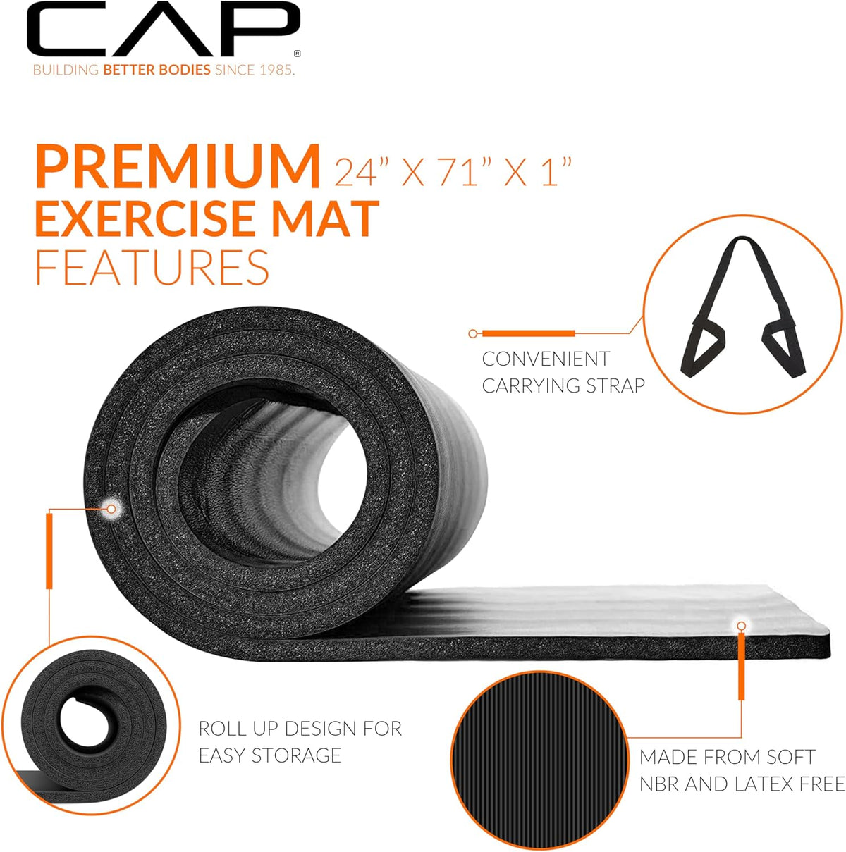 Barbell 1-Inch High Density Exercise Yoga Mat with Strap | Multiple Colors