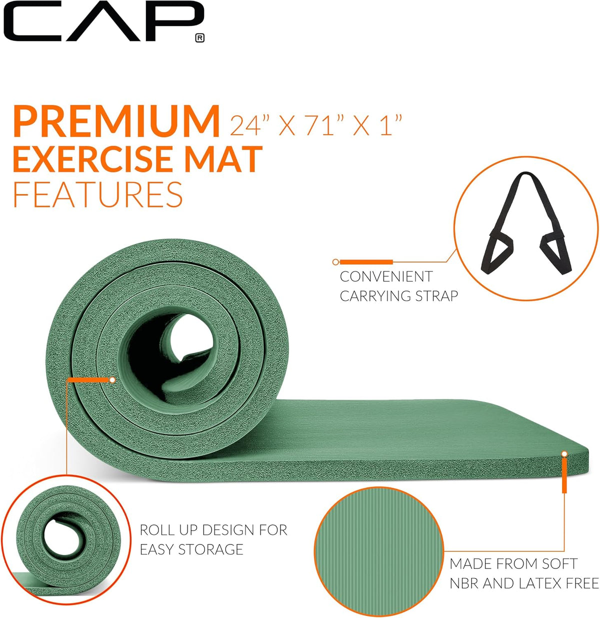 Barbell 1-Inch High Density Exercise Yoga Mat with Strap | Multiple Colors