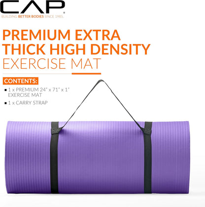 Barbell 1-Inch High Density Exercise Yoga Mat with Strap | Multiple Colors