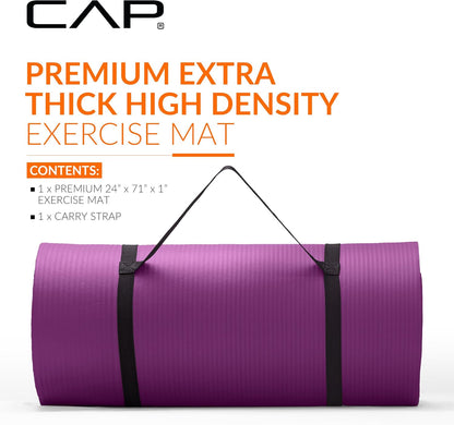 Barbell 1-Inch High Density Exercise Yoga Mat with Strap | Multiple Colors