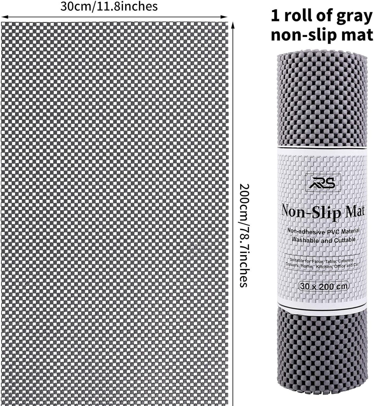 Non-Slip Mat Area Rug Pad Anti Slip Gripper Roll Rubber Matting Waterproof Floor Mat PVC Shelf Drawer Liner for Home, Office, Cars, Caravans (Gray, 30 x 200 cm)
