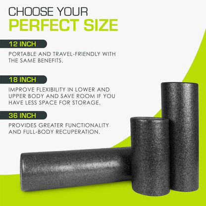High Density Foam Rollers 12 - inches long, Firm Full Body Athletic Massage Tool for Back Stretching, Yoga, Pilates, Post Workout Muscle Recuperation, Black/Blue