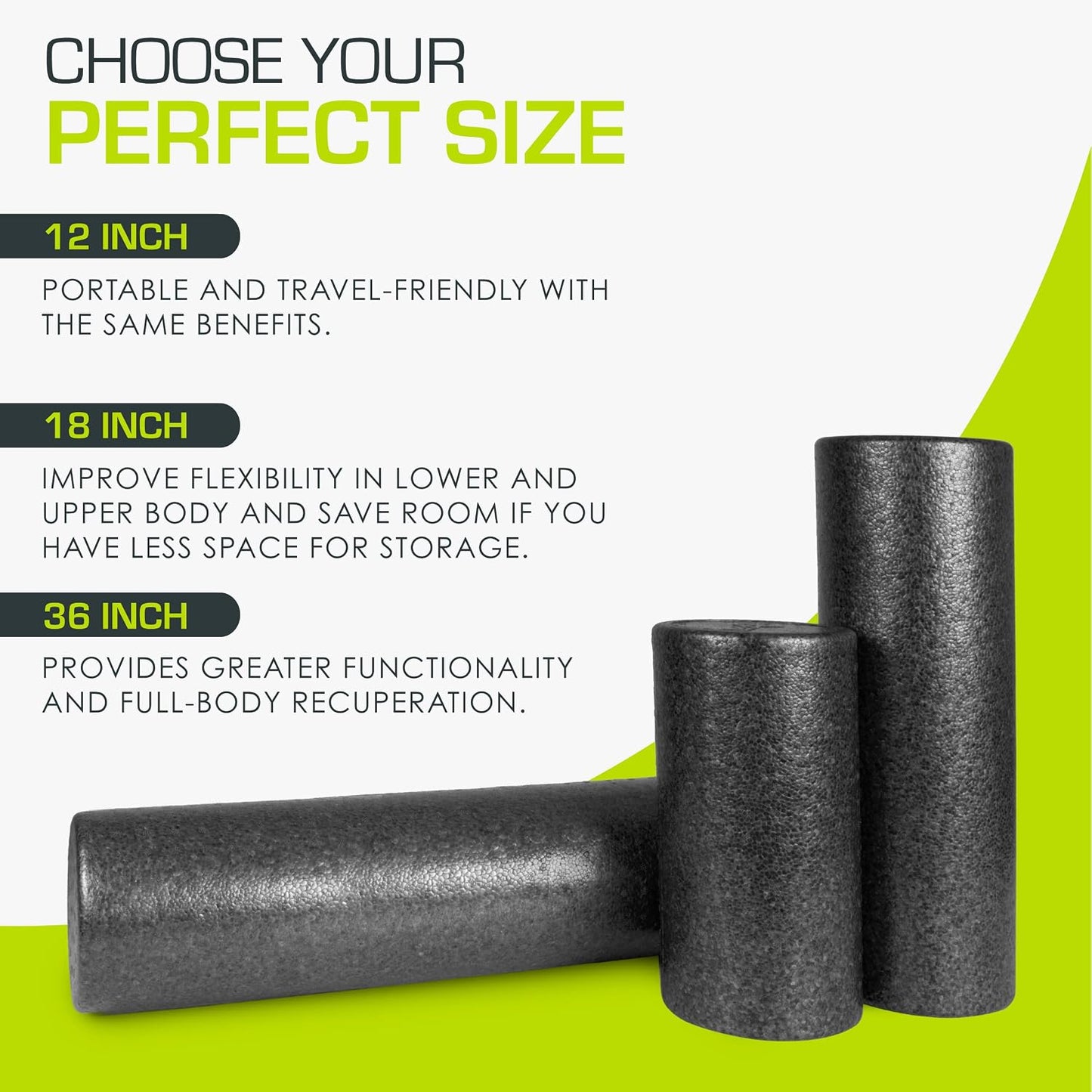 High Density Foam Rollers 12 - inches long, Firm Full Body Athletic Massage Tool for Back Stretching, Yoga, Pilates, Post Workout Muscle Recuperation, Black/Blue
