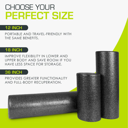 High Density Foam Rollers 12 - inches long, Firm Full Body Athletic Massage Tool for Back Stretching, Yoga, Pilates, Post Workout Muscle Recuperation, Black/Blue