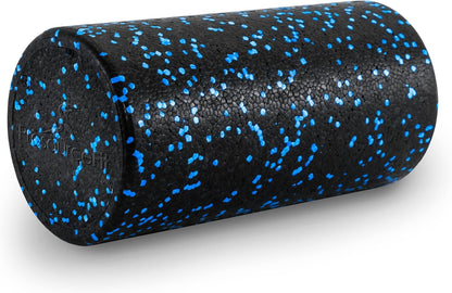High Density Foam Rollers 12 - inches long, Firm Full Body Athletic Massage Tool for Back Stretching, Yoga, Pilates, Post Workout Muscle Recuperation, Black/Blue