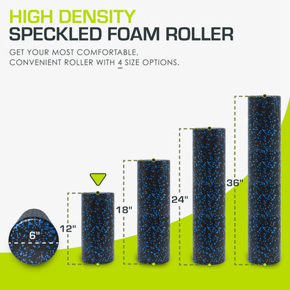 High Density Foam Rollers 12 - inches long, Firm Full Body Athletic Massage Tool for Back Stretching, Yoga, Pilates, Post Workout Muscle Recuperation, Black/Blue